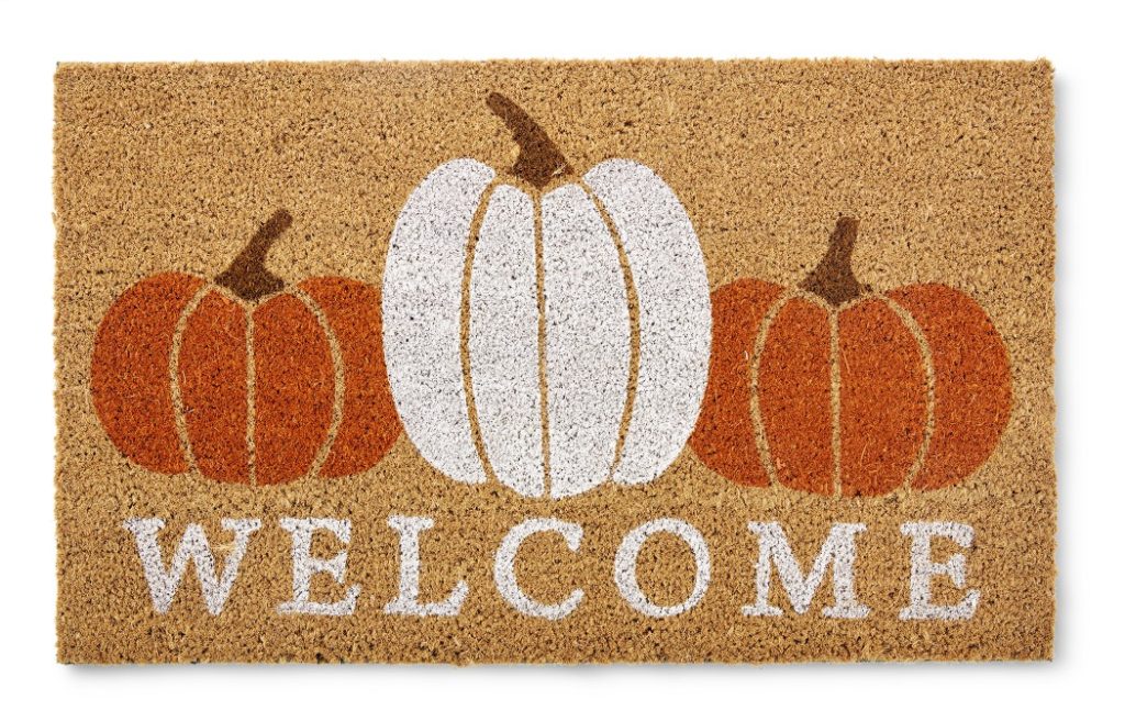 welcome mat with 3 pumpkins on it