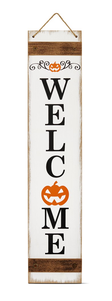 front porch sign displaying welcome with a jack-o-lantern