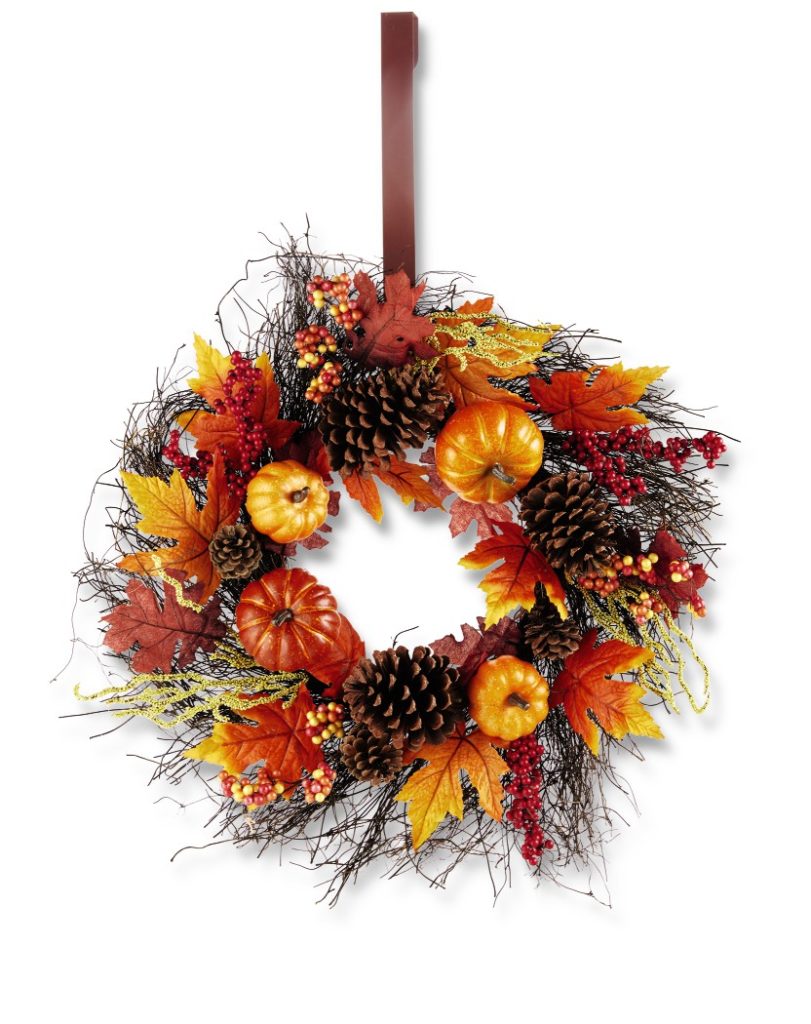 front door wreath with fall leaves, pumpkins and pinecones