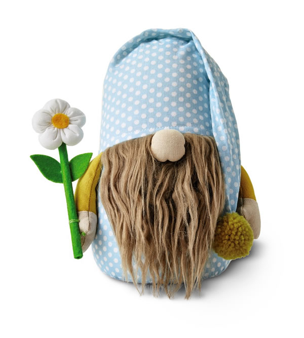short aldi spring gnome with blue clothing and a single daisy