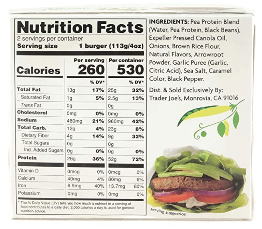 Trader Joe's High Protein Veggie Burger Nutritional Facts