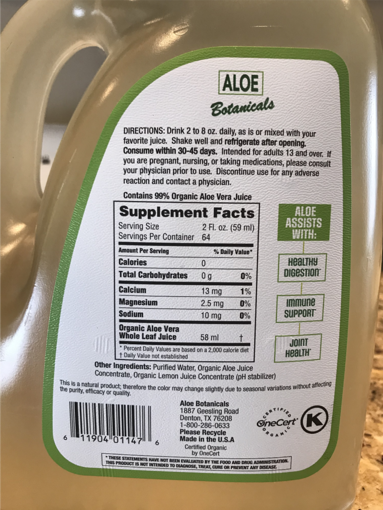Trader Joe’s Aloe Vera Juice supplement facts