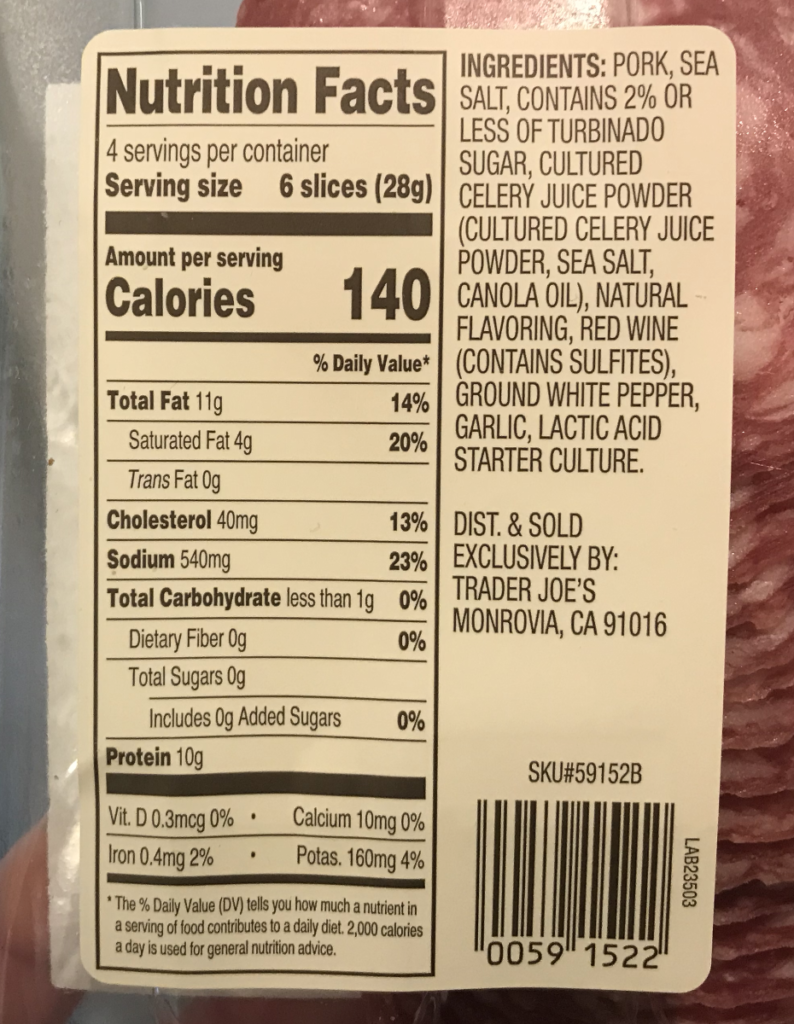 Trader Joe's Uncured Applewood Smoked Salami Nutrition and Ingredients