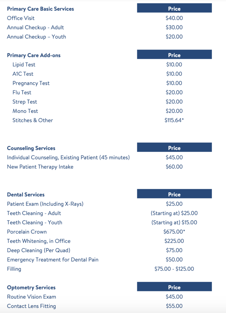 Walmart Walk-In Clinic pricing