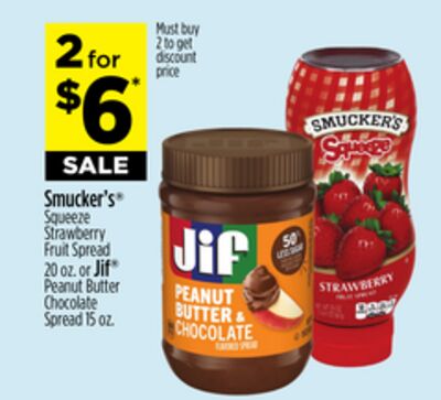 Smucker's® Squeeze Strawberry Fruit Spread 20 oz. or Jif® Peanut Butter Chocolate Spread 15 oz.