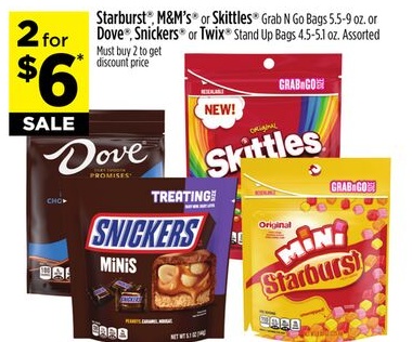 Starburst®, M & M' s® or Skittles® Grab N Go Bags 5.5-9 oz. or Dove®, Snickers® or Twix® Stand Up Bags 4.5-5.1 oz.
