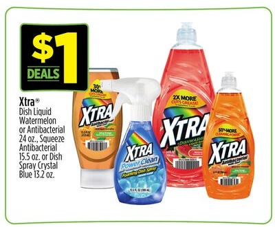 Xtra® Dish Liquid Watermelon or Antibacterial 24 oz., Squeeze Antibacterial 15.5 oz. or Dish Spray Crystal Blue 13.2 oz.