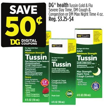 DG® health Tussin Cold & Flu Severe Day Time, DM Cough & Congestion or DM Max Night Time