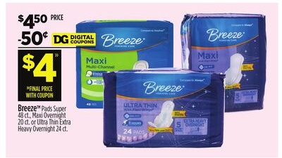 Breeze Pads Super 48 ct., Maxi Overnight 20 ct. or Ultra Thin Extra Heavy Overnight 24 ct