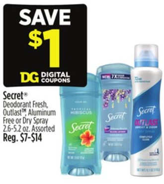 Secret® Deodorant Fresh, Outlast TM, Aluminum Free or Dry Spray