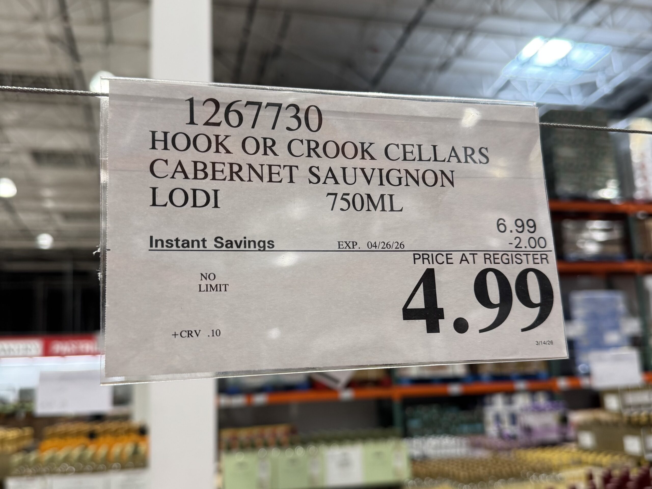 Hook or Crook Cellars Cabernet Sauvignon Lodi - price tag