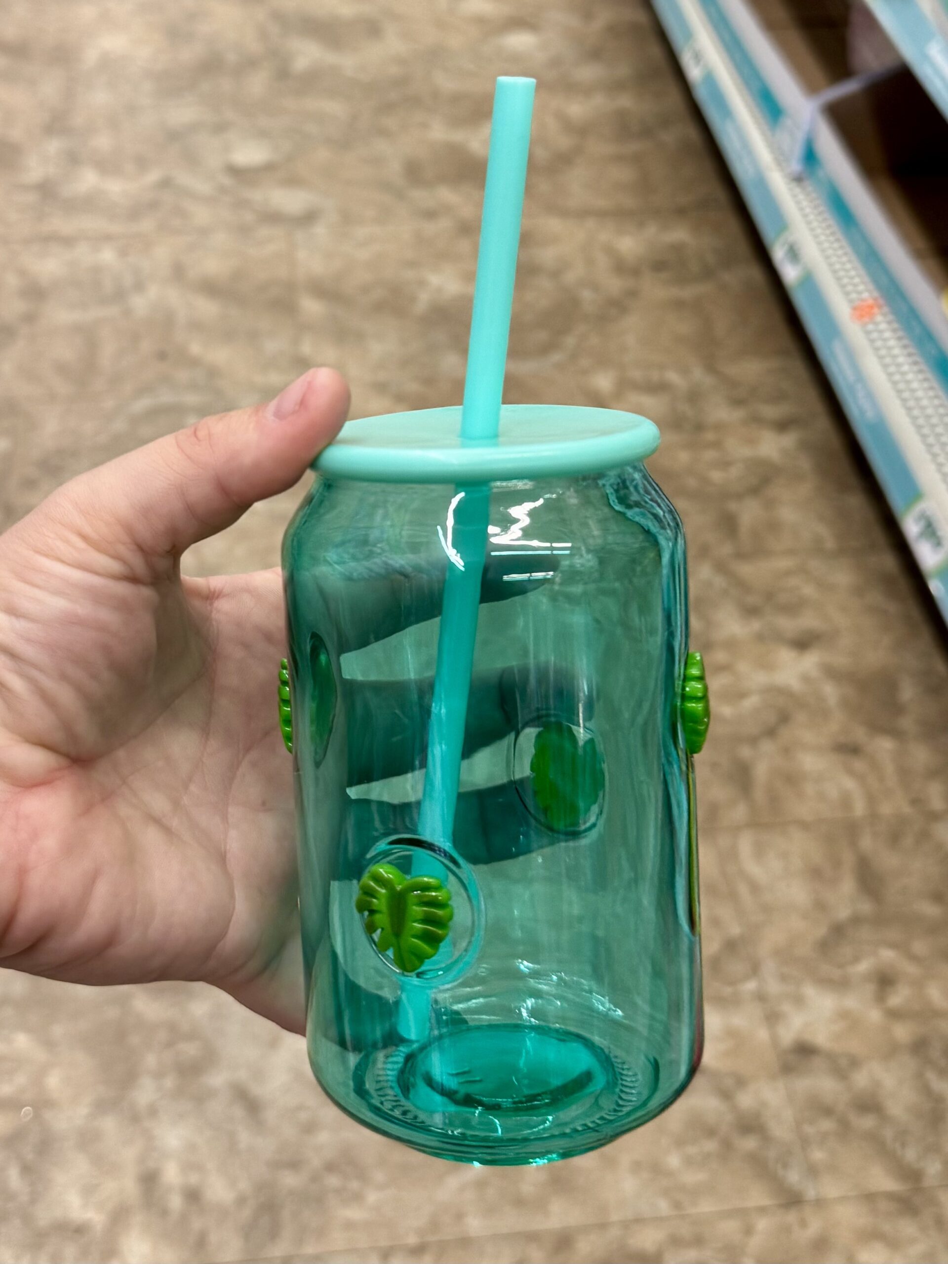 Monstera Glass Can with Straw - in store