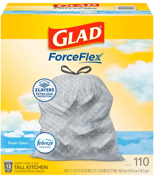 Glad ForceFlex Febreze Fresh Clean 13 Gallon Tall Kitchen Drawstring Bags