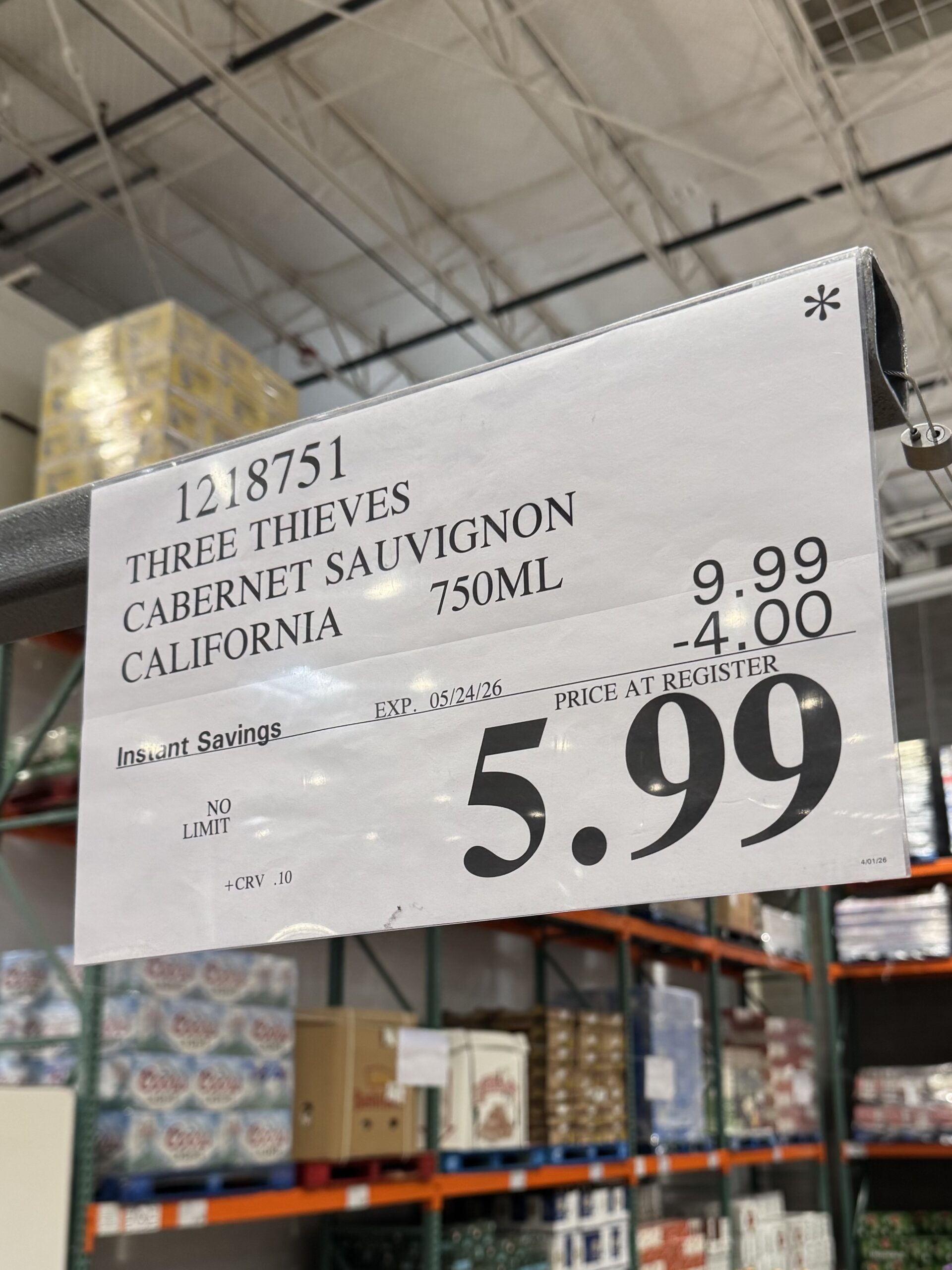 Three Thieves Cabernet Sauvignon - price tag