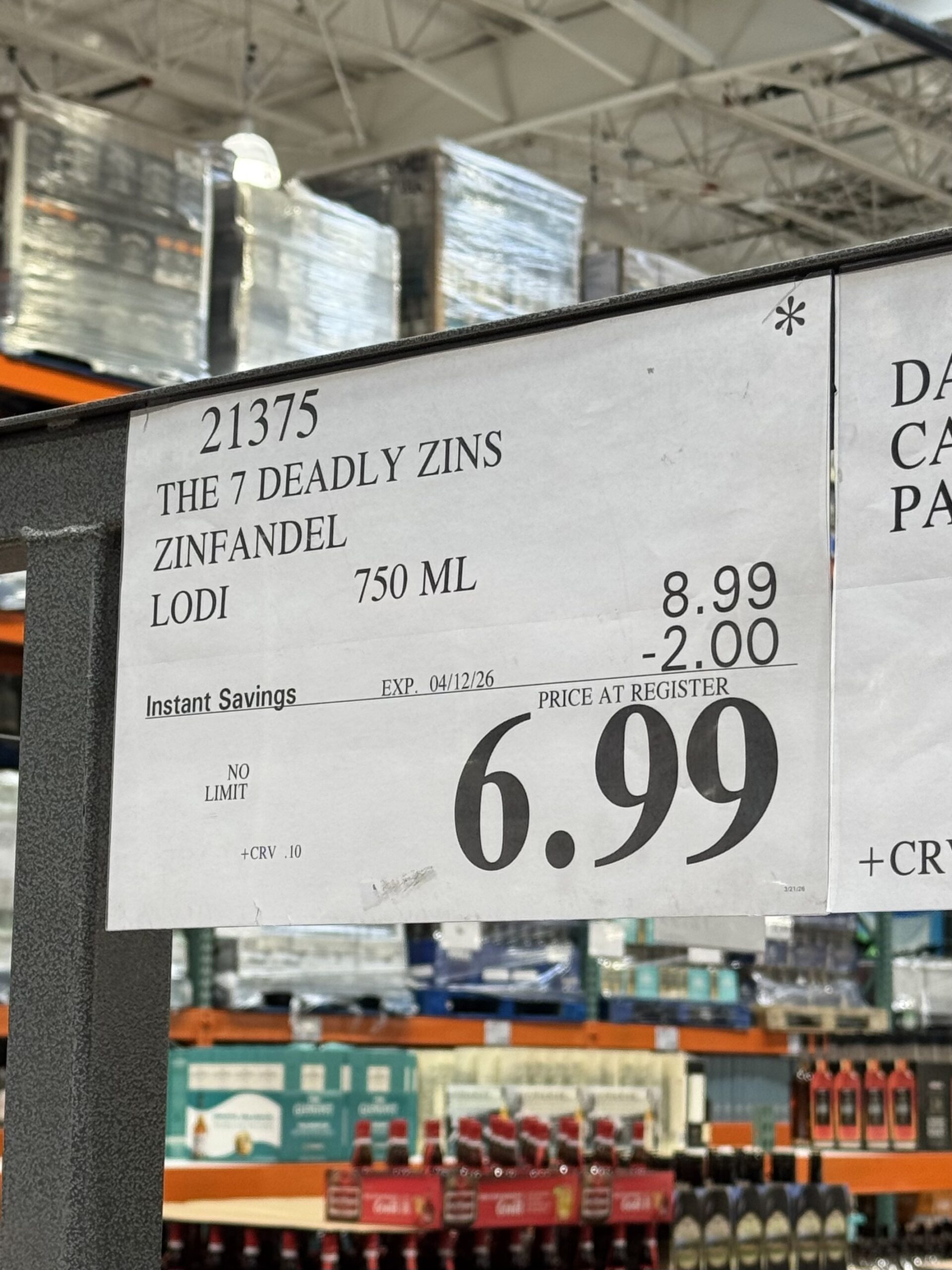 7 Deadly Zins Lodi Old Vine Zinfandel - price tag