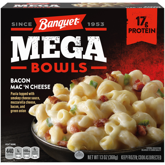Banquet MEGA Bowls Bacon Mac 'N Cheese 17g Protein Frozen Meal