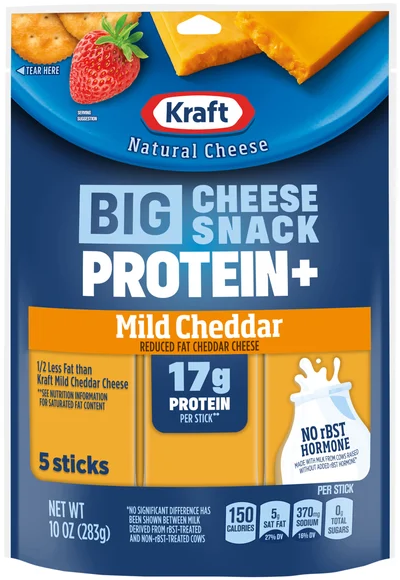 Kraft Natural Cheese Reduced Fat Cheddar 17g Protein Big Sticks - 5 ct