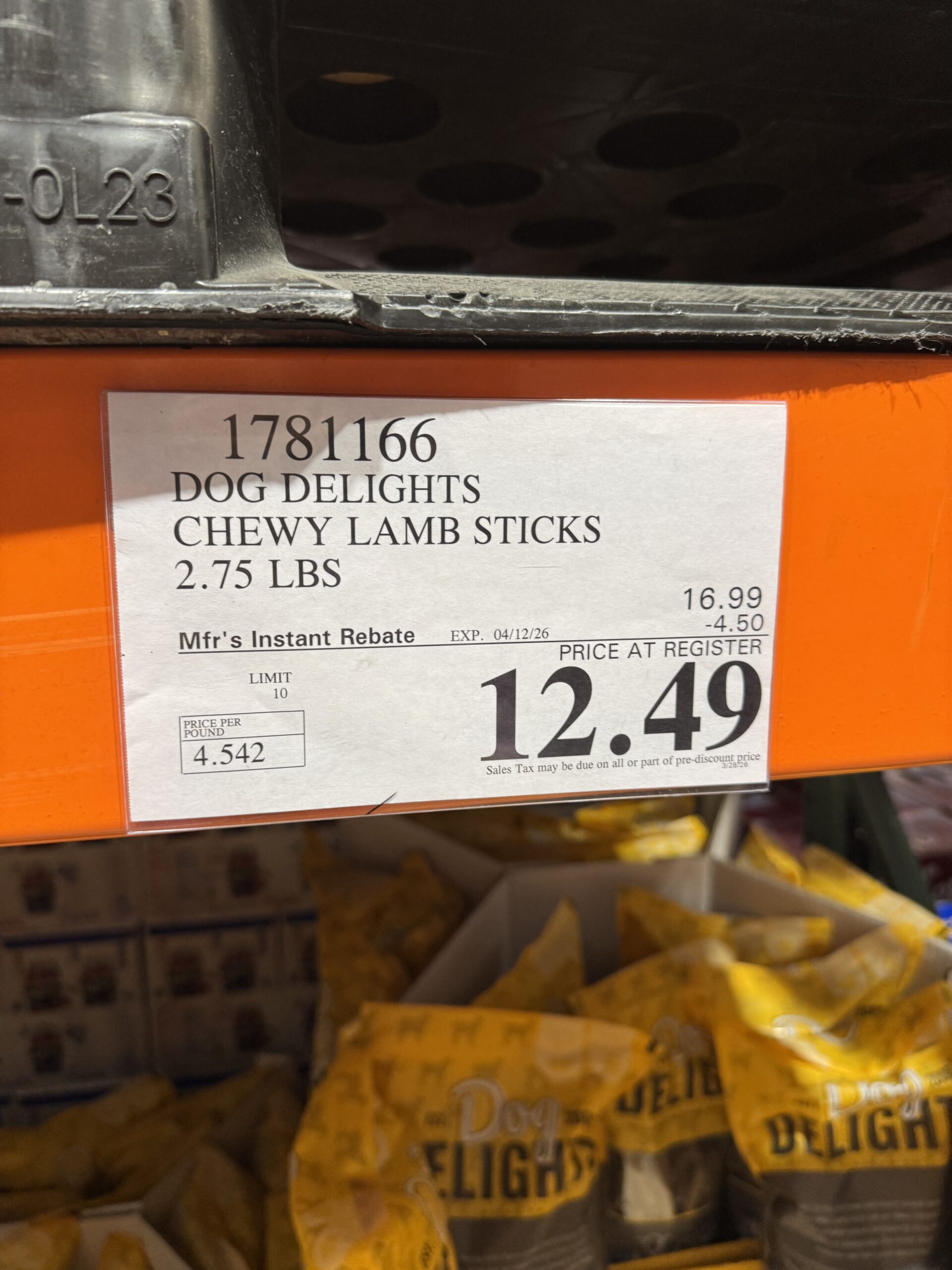 Dog Delights Chewy Lamb Sticks - price tag