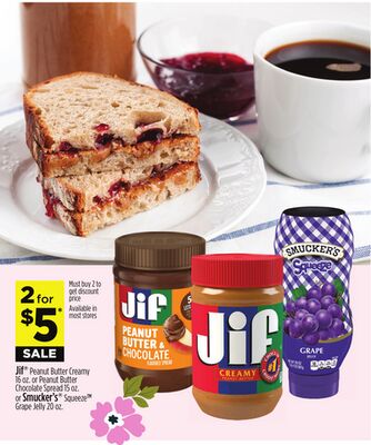 Jif® Peanut Butter Creamy or Peanut Butter Chocolate Spread or Smucker's® Squeeze TM Grape Jelly
