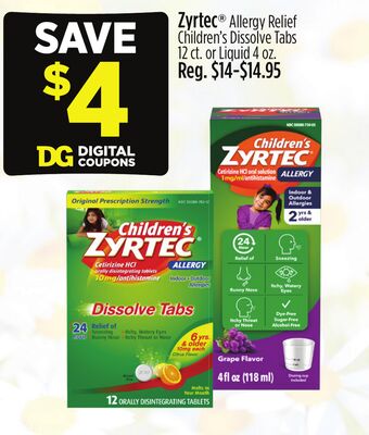 Zyrtec® Allergy Relief Children's Dissolve Tabs 12 ct. or Liquid 4 oz.