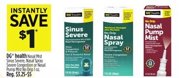 DG® health Nasal Mist Sinus Severe, Nasal Spray Severe Congestion or Nasal Pump Mist No Drip