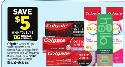 Colgate® Toothpaste Optic White® Advanced, Charcoal or Larger, Total® Gum Protect or Total® Sensitivity Mineral Shield or hello® Toothpaste