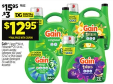 Gain Flings!™ 60 ct., Fireworks™ 21.1-24 oz., Liquid Laundry Detergent 100 Load/132 oz. or Plus Liquid Laundry Detergent 75 Load/99 oz.