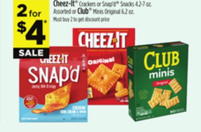 Cheez-It® Crackers or Snap'd® Snacks 4.2-7 oz. 2 for Assorted or Club® Minis Original 6.2 oz.
