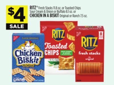 RITZ® Fresh Stacks 11.8 oz. or Toasted Chips Sour Cream & Onion or Buffalo 8.1 oz. or CHICKEN IN A BISKIT Original or Ranch 7.5 oz.