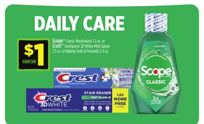 Scope® Classic Mouthwash 1.2 oz. or Crest® Toothpaste 3D White Mint Splash 2.3 oz. or Baking Soda & Peroxide 2.4 oz.