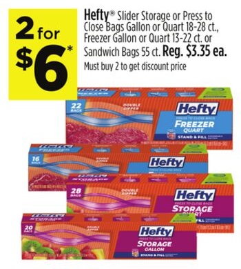 Hefty® Slider Storage or Press to Close Bags Gallon or Quart, Freezer Gallon or Quart or Sandwich Bags