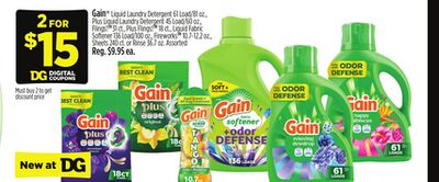 Gain® Liquid Laundry Detergent, Plus Liquid Laundry Detergent, Flings!TM, Plus Flings!TM, Liquid Fabric Softener, FireworksTM, Sheets or Rinse