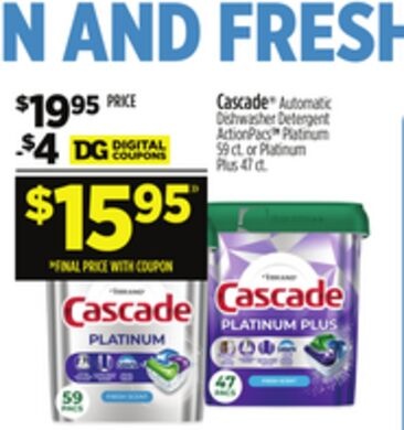 Cascade® Automatic Dishwasher Detergent ActionPacs Platinum 59 ct. or Platinum Plus 47 ct.