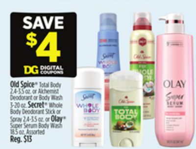 Old Spice® Total Body or Alchemist Deodorant or Body Wash Secret® Whole Body Deodorant Stick or Spray or Olay® Super Serum Body Wash
