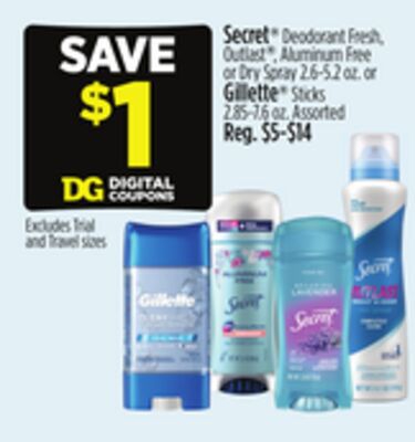Secret® Deodorant Fresh, Outlast®, Aluminum Free or Dry Spray 2.6-5.2 oz. or Gillette® Sticks 2.85-7.6 oz.