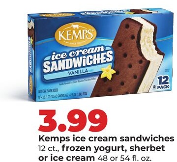 Kemps ice cream sandwiches 12 ct., frozen yogurt, sherbet or ice cream 48 or 54 fl. oz.