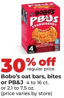 Bobo's oat bars, bites or PB & J