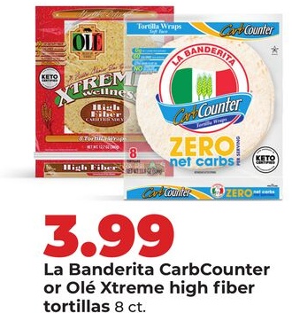 La Banderita CarbCounter or Olé Xtreme high fiber tortillas