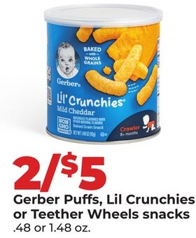 Gerber Puffs, Lil Crunchies or Teether Wheels snacks