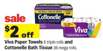Viva Paper Towels 8 triple rolls and Cottonelle Bath Tissue 36 mega rolls.