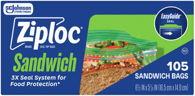 Ziploc Bags Freezer 16-24 ct., sandwich or snack 105-108 ct. or storage 22-29 ct., Tall Storage Bags 10 ct. or Produce Bags* 15 ct.