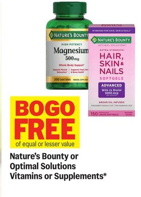 Nature's Bounty or Optimal Solutions Vitamins or Supplements*