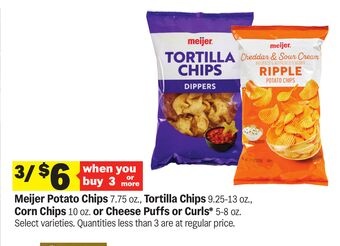 Meijer Potato Chips 7.75 oz., Tortilla Chips 9.25-13 oz., Corn Chips 10 oz. or Cheese Puffs or Curls 5-8 oz.