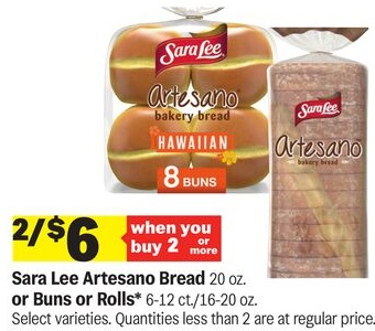 Sara Lee Artesano Bread 20 oz. or Buns or Rolls 6-12 ct./16-20 oz.