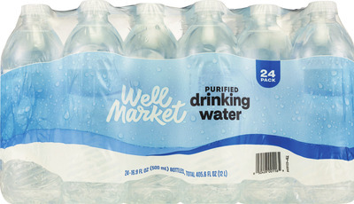 Well Market or Gold Emblem purified water 24 pk., 16.9 oz bottles