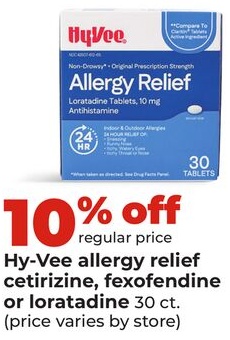 Hy-Vee allergy relief cetirizine, fexofendine or loratadine