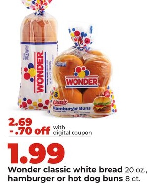 Wonder classic white bread 20 oz., hamburger or hot dog buns 8 ct.