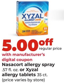 Nasacort allergy spray. 57 fl. oz. or Xyzal allergy tablets 35 ct.