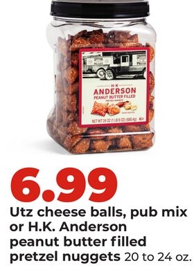 Utz cheese balls, pub mix or H. K. Anderson peanut butter filled pretzel nuggets