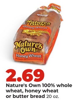 Nature's Own 100% whole wheat, honey wheat or butter bread